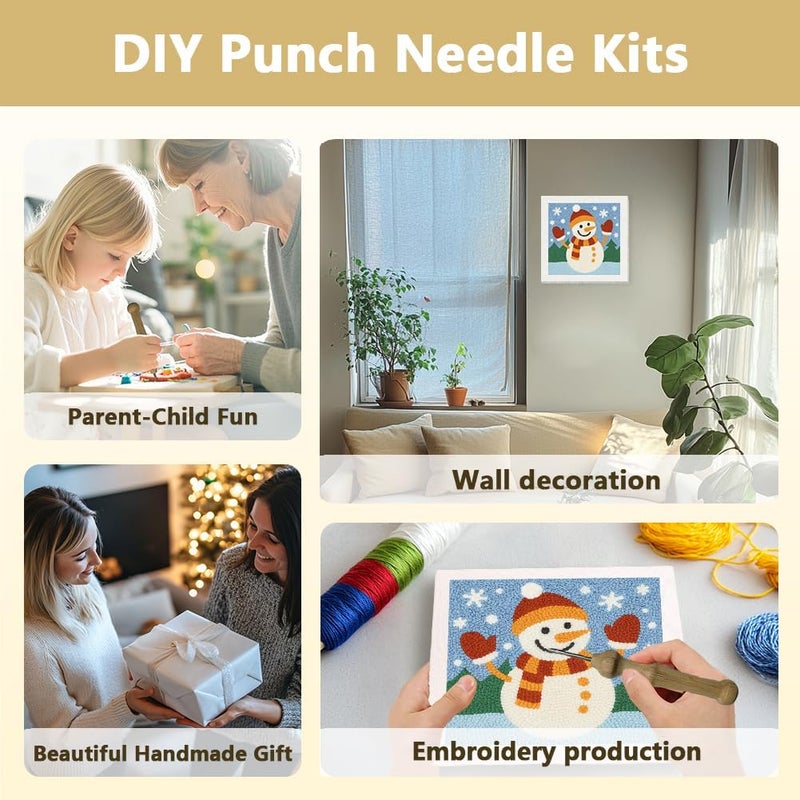 DOODLREAM Christmas Snowman DIY Punch Needle Embroidery Kit for Adult Beginner, 9.4" Snowman Punch Stitching Craft Set for Starter with Frame, Fabric Pattern, Threader, Yarn, Pinch Needle - Image 4